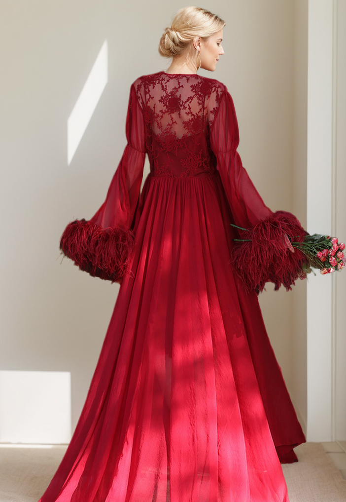 Ethereal Lace & Feather-Trimmed Sheer Bridal Robe – Vintage Luxury Loungewear