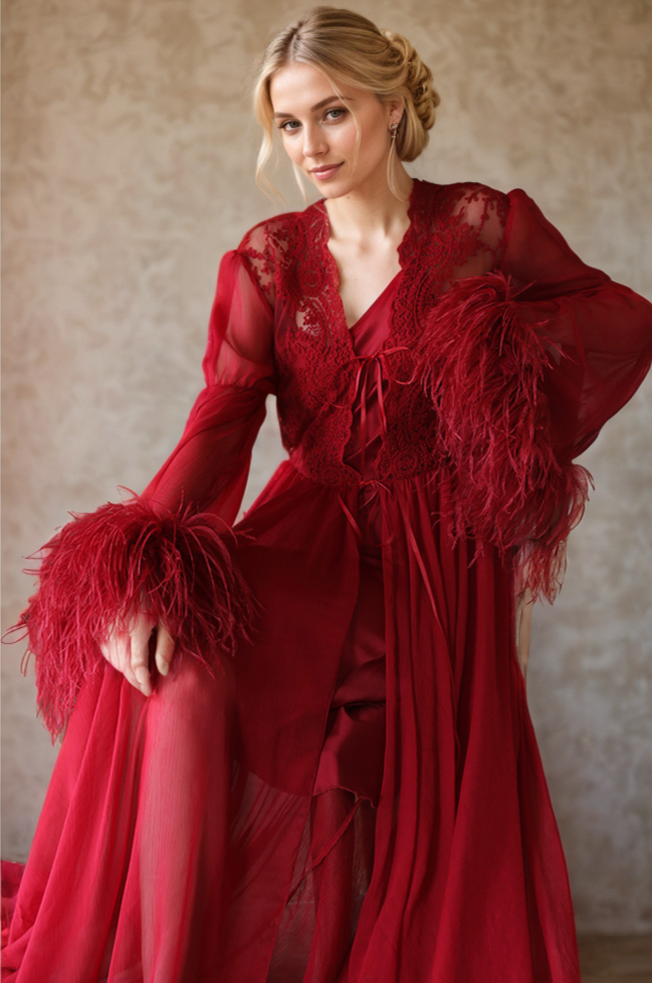 Ethereal Lace &amp; Feather-Trimmed Sheer Bridal Robe – Vintage Luxury Loungewear