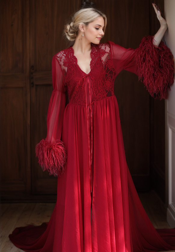 Ethereal Lace &amp; Feather-Trimmed Sheer Bridal Robe – Vintage Luxury Loungewear