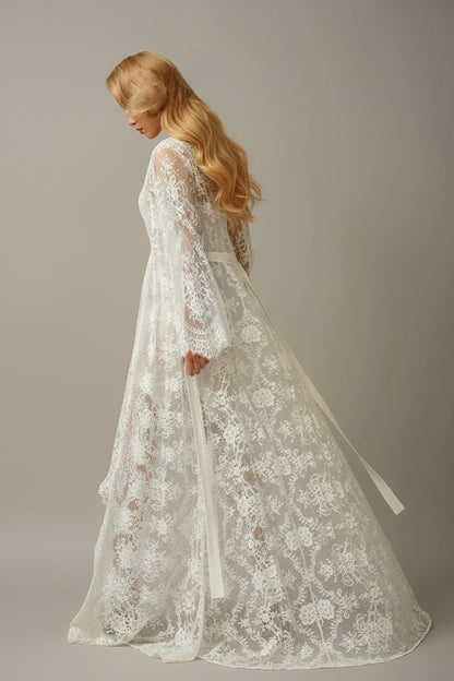 Chantilly Lace Long Robe with Silky Satin Lace Nightgown - next day shipping