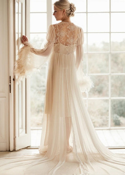 Ethereal Lace &amp; Feather-Trimmed Sheer Bridal Robe – Vintage Luxury Loungewear