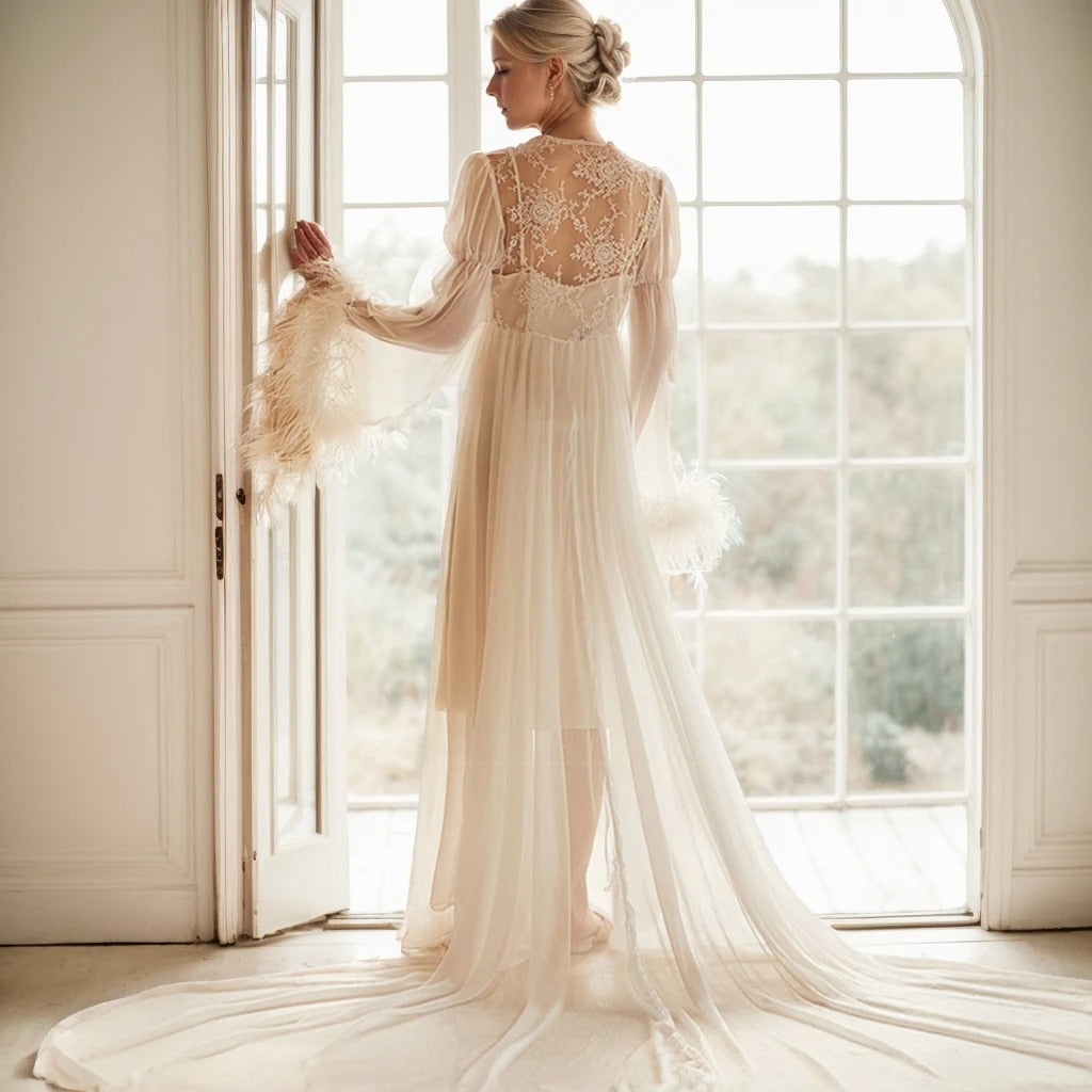 Ethereal Lace &amp; Feather-Trimmed Sheer Bridal Robe – Vintage Luxury Loungewear