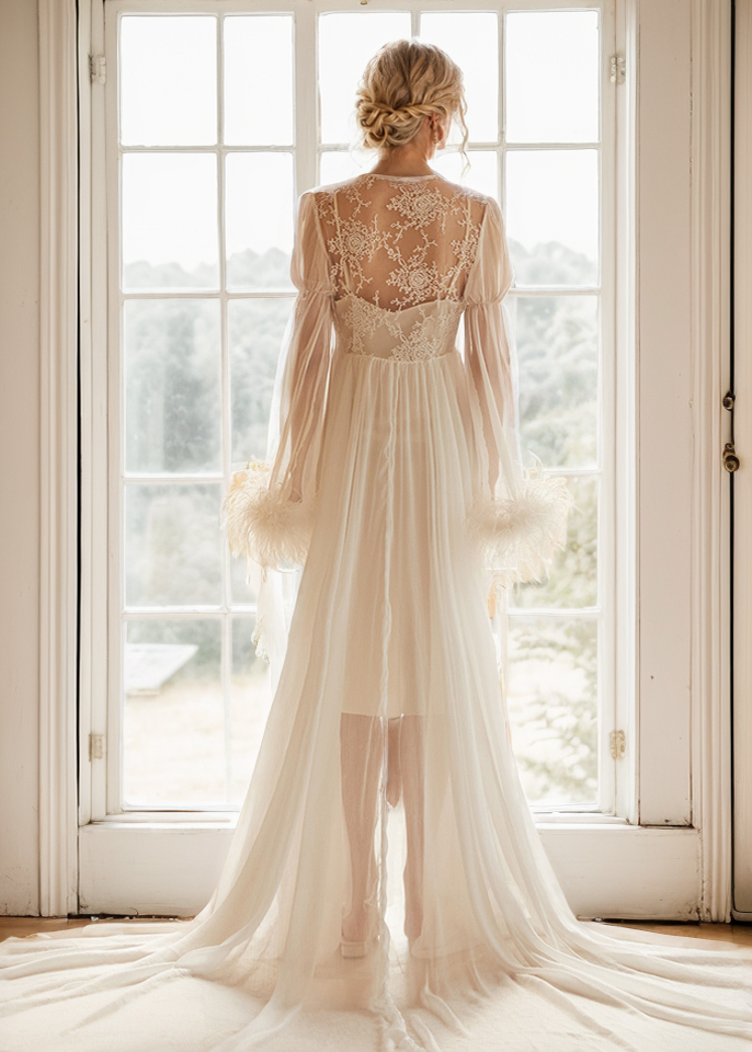 Ethereal Lace & Feather-Trimmed Sheer Bridal Robe – Vintage Luxury Loungewear
