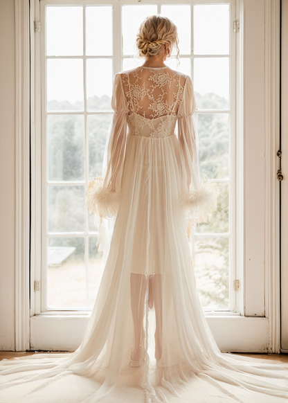 Ethereal Lace &amp; Feather-Trimmed Sheer Bridal Robe – Vintage Luxury Loungewear