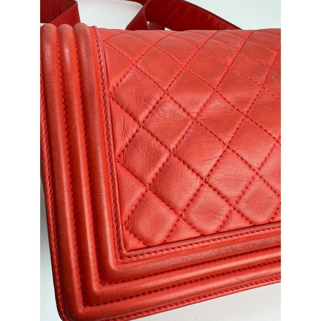 CHANEL Lambskin Quilted Medium Boy Red Flap Bag