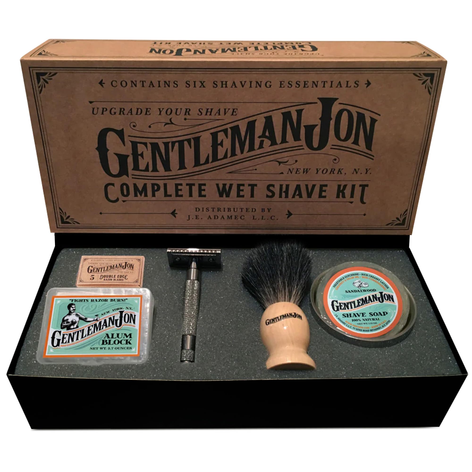 Gentleman Jon Safety Razor Shaving Kit | Vintage Wet Shave Grooming Set for Men - Includes: Safety Razor, Hair Shaving Brush, Alum Block, Shave Soap, Bowl & Double Edge Razor Blades