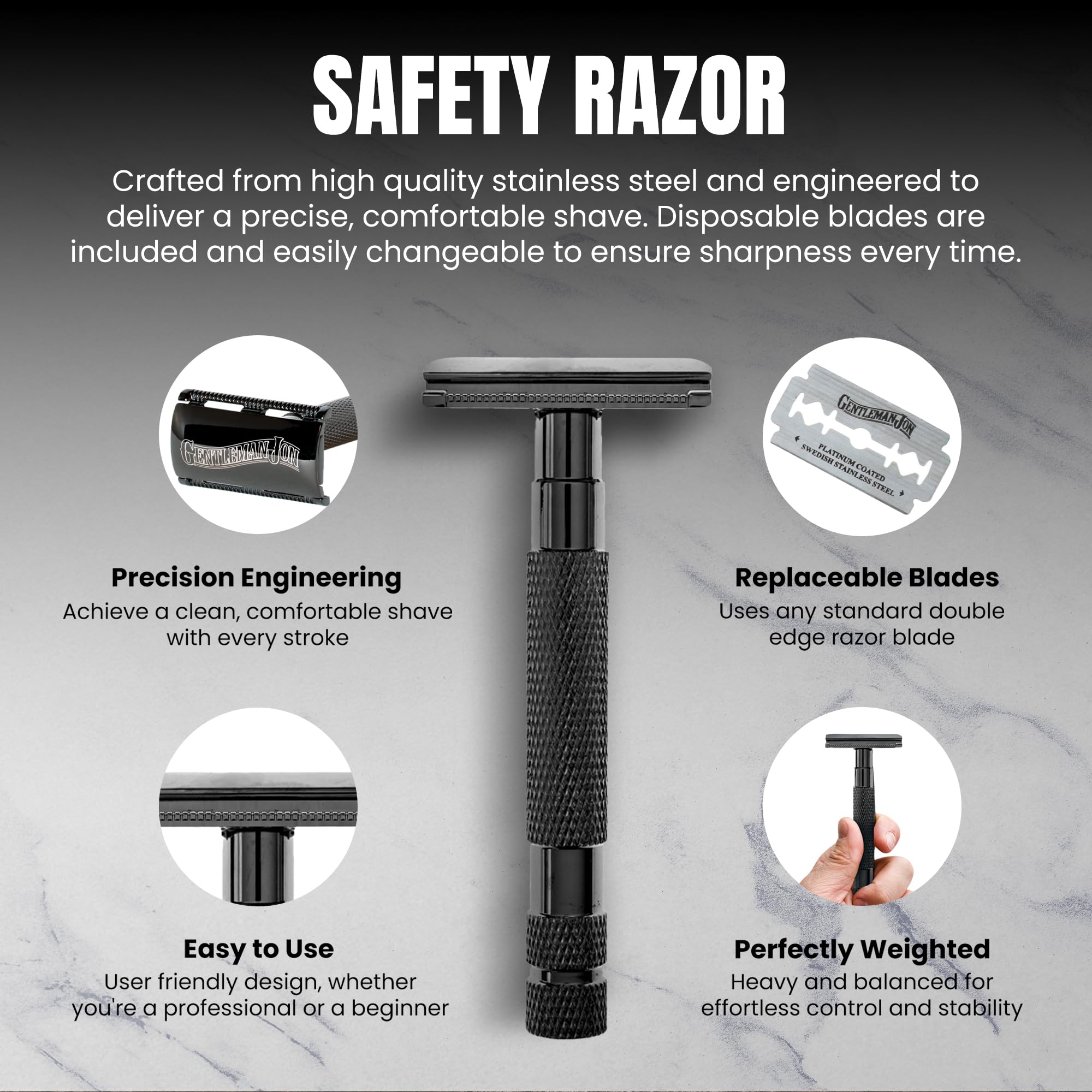 Gentleman Jon Safety Razor Shaving Kit | Vintage Wet Shave Grooming Set for Men - Includes: Safety Razor, Hair Shaving Brush, Alum Block, Shave Soap, Bowl & Double Edge Razor Blades