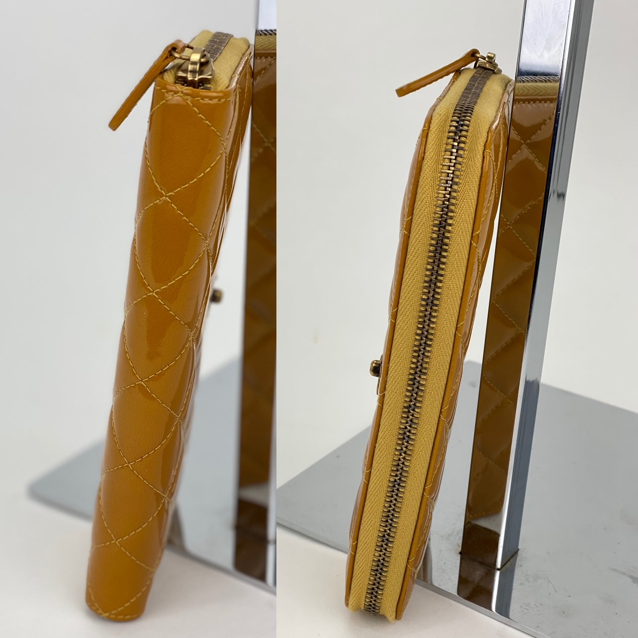 Chanel Quilted Yellow Patent Leather Brilliant Zip Around Wallet Clutch