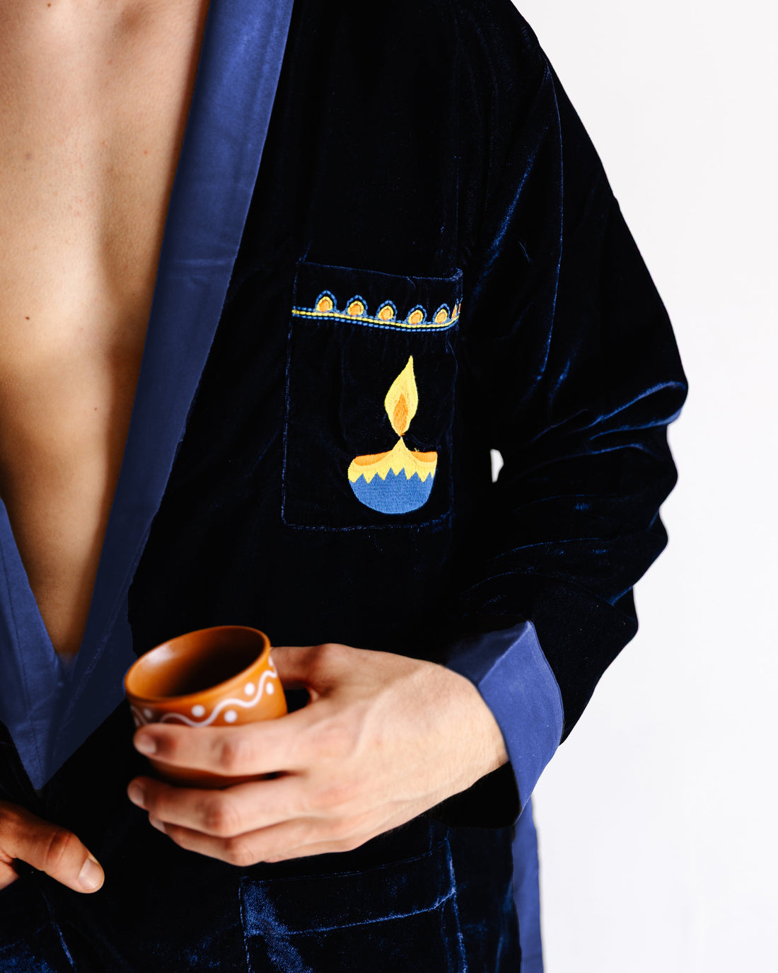 Adult Robe – Velvet &amp; Satin – Blue Diya