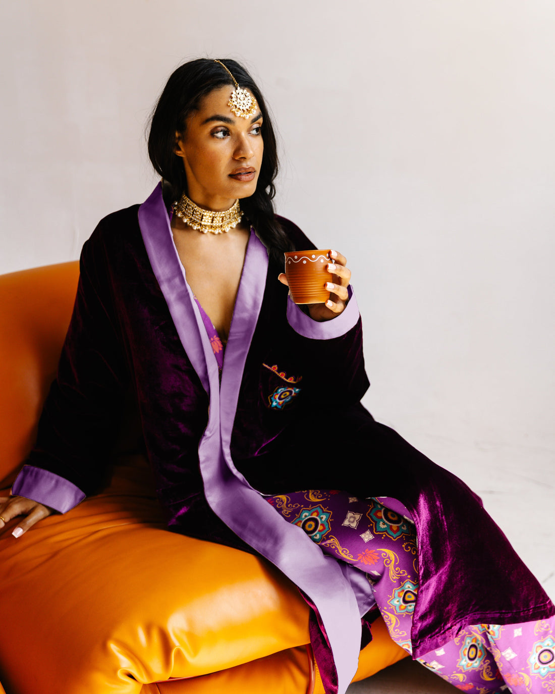 Adult Robe – Velvet &amp; Satin – Purple Rangoli