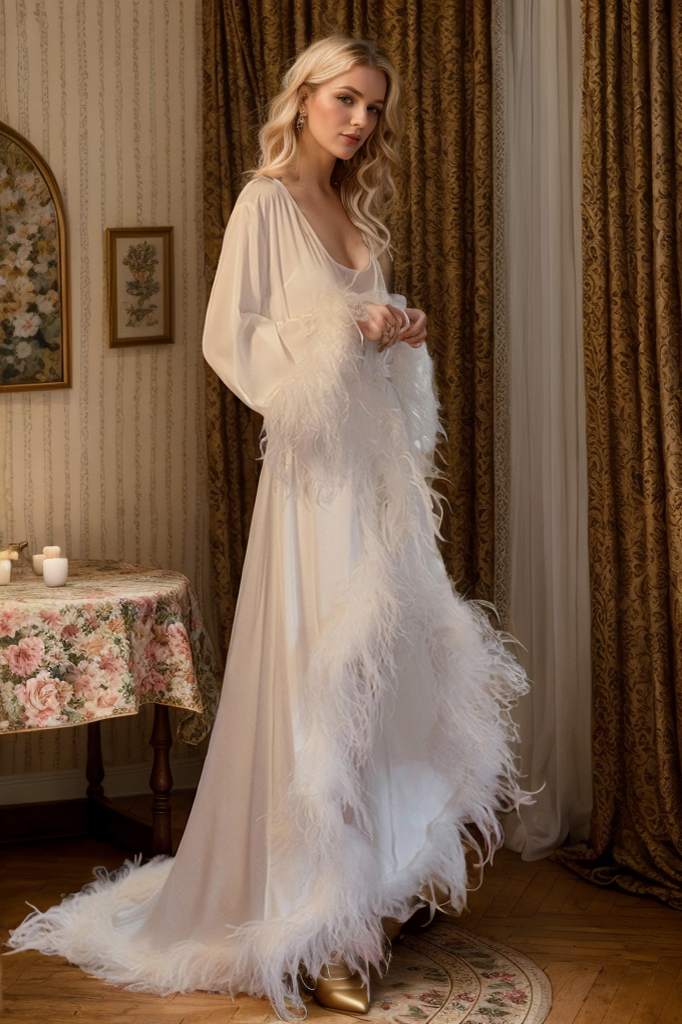 Luxury Ostrich Feather Satin Bridal Robe