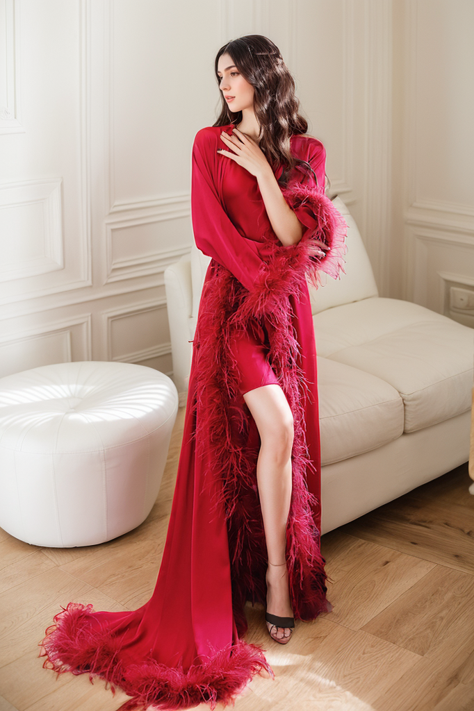 Luxury Ostrich Feather Satin Bridal Robe