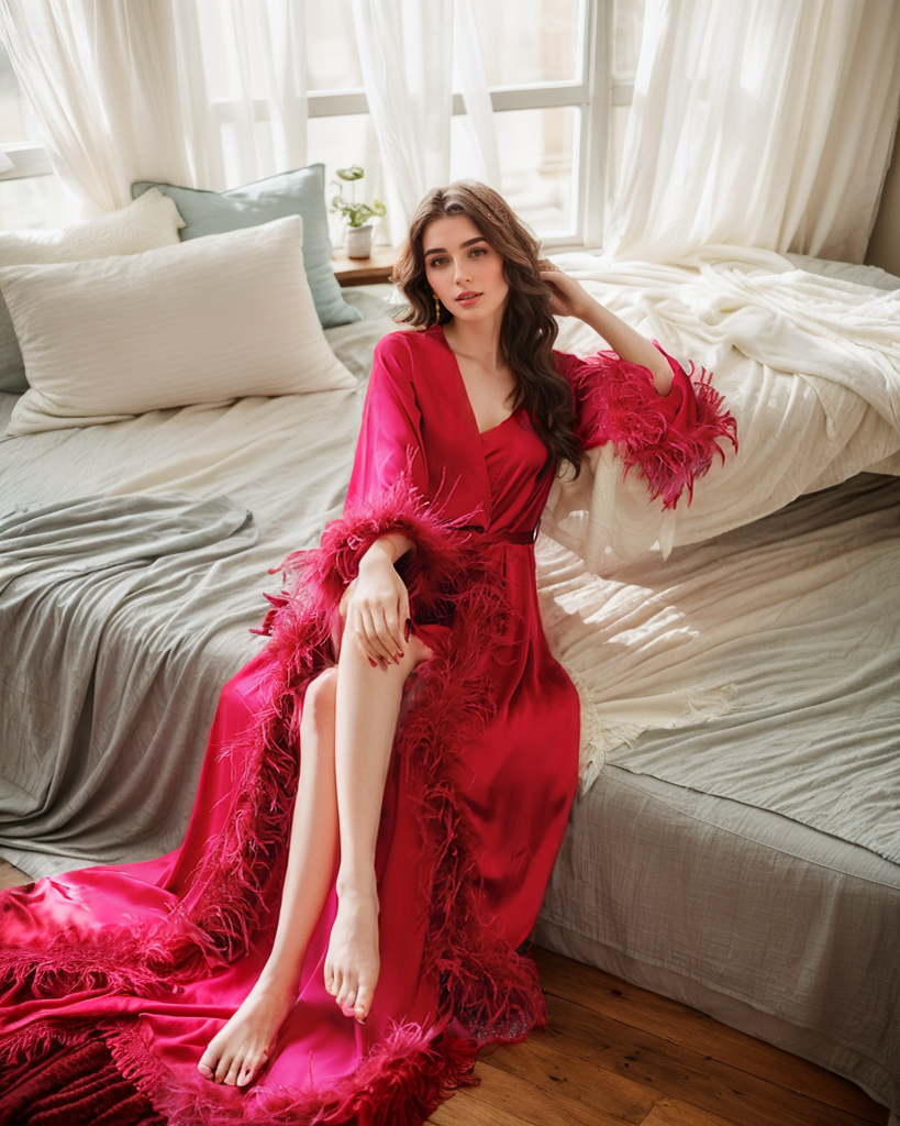 Luxury Ostrich Feather Satin Bridal Robe