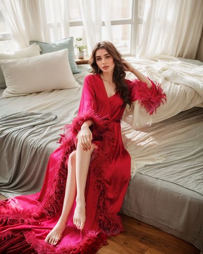 Luxury Ostrich Feather Satin Bridal Robe