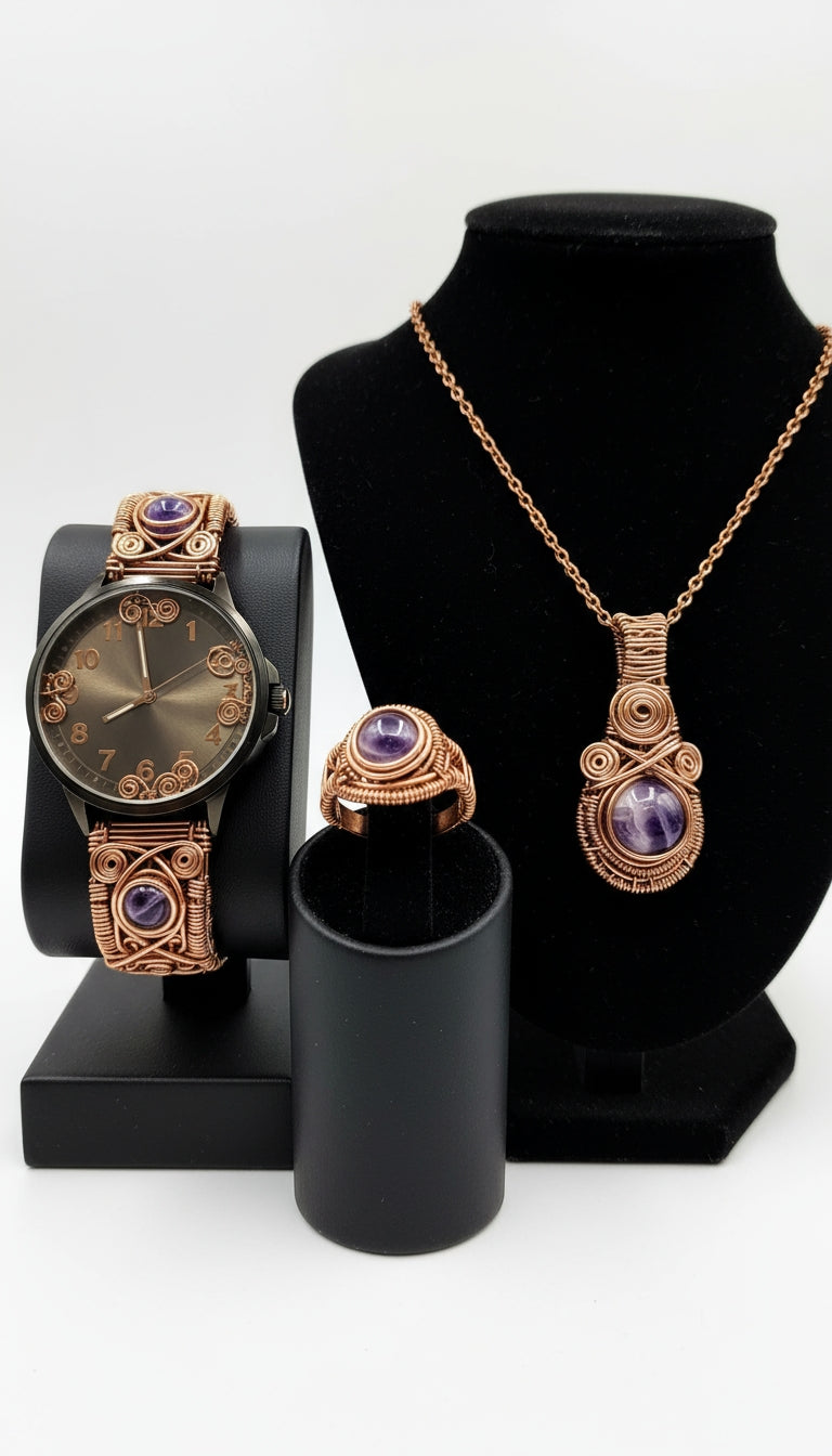 Custom Copper Wire Wrapped Amethyst Set 