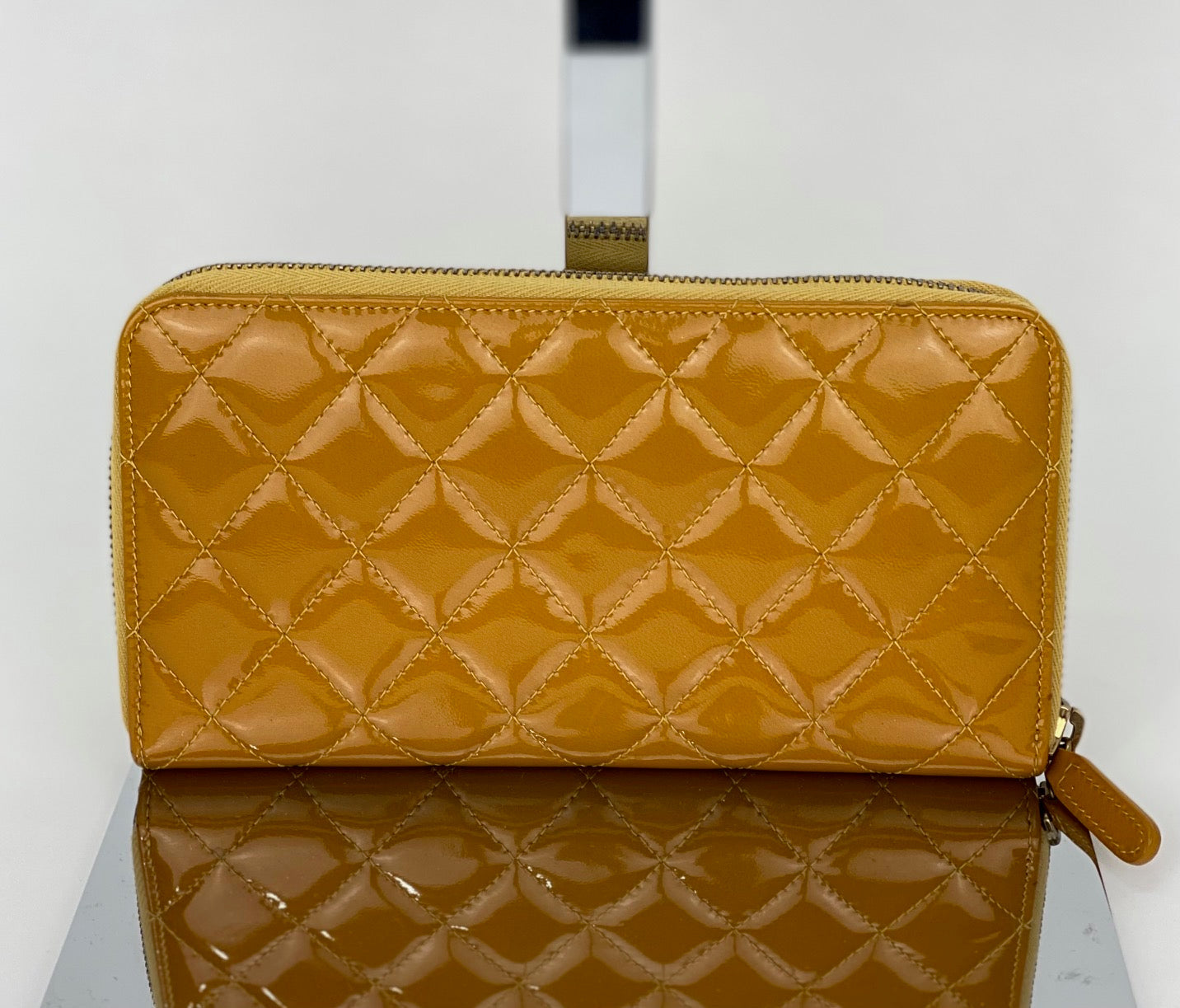 Chanel Quilted Yellow Patent Leather Brilliant Zip Around Wallet Clutch