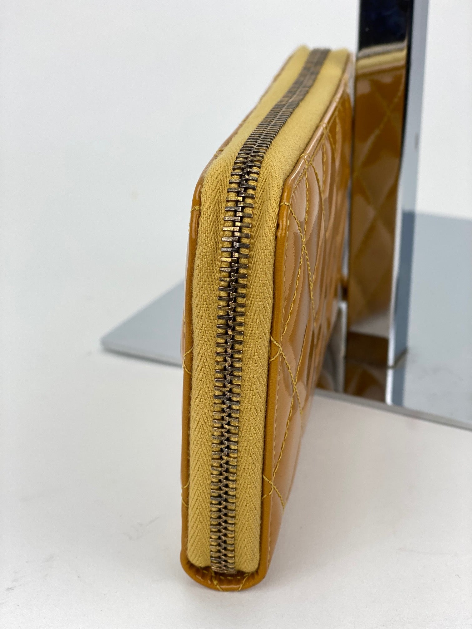 Chanel Quilted Yellow Patent Leather Brilliant Zip Around Wallet Clutch