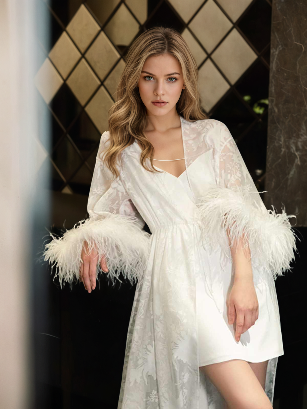 Luxury White Feather Trim Lace Long Robe Dress Set | Bridal Getting Ready & Photoshoot Gown