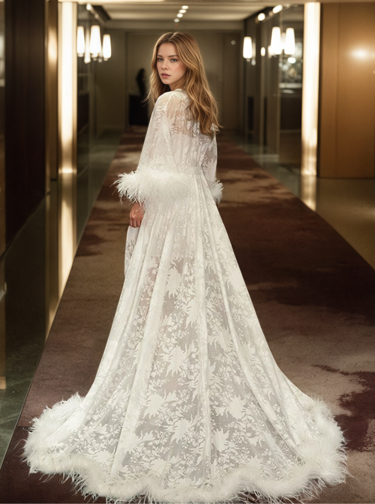 Luxury White Feather Trim Lace Long Robe Dress Set | Bridal Getting Ready &amp; Photoshoot Gown