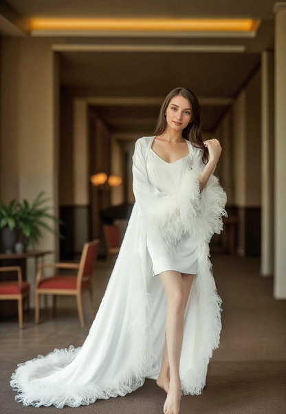 Luxury Ostrich Feather Satin Bridal Robe