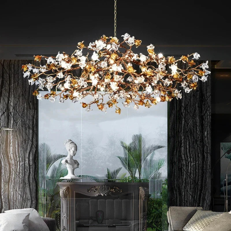 Charming Vintage Copper Flower Chandelier -  Tree Branch LED Lighting for Dining Rooms, Kitchen Islands, and Indoor Decor