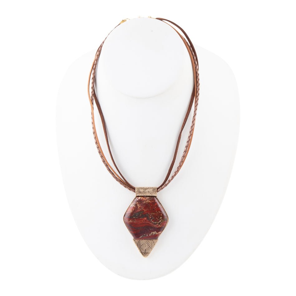 Modern Red Jasper and Golden Pendant Necklace