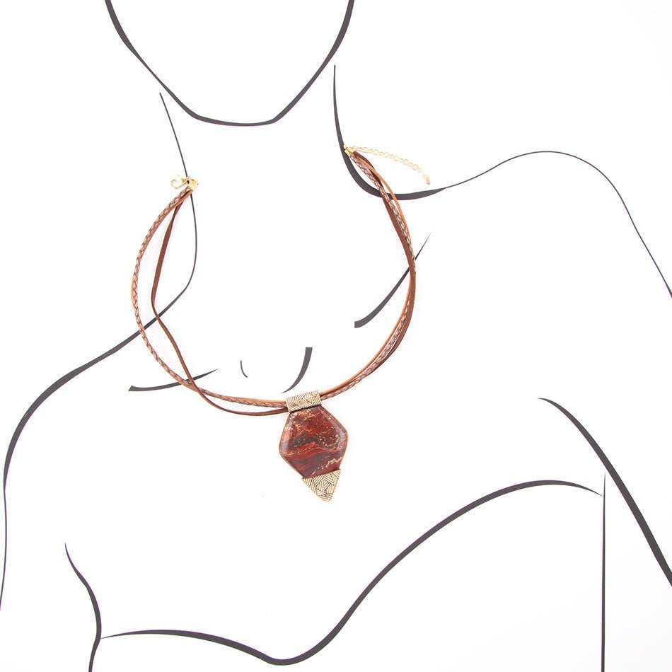 Modern Red Jasper and Golden Pendant Necklace