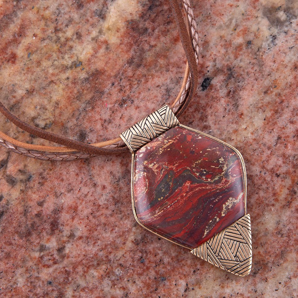 Modern Red Jasper and Golden Pendant Necklace